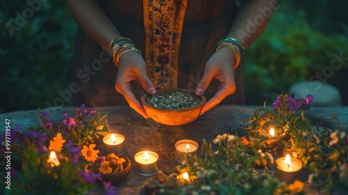 Hands of spiritual medicine woman preparing medicinal herbs with lit candles; holy ritual plants. purification and healing of soul and body. natural remedy of shaman healer, for holistic care photo