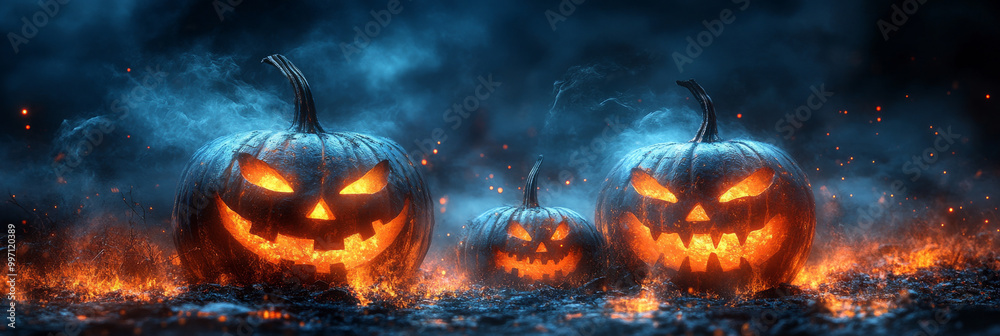 Three jack-o'-lanterns glow ominously in a fiery landscape. Three jack-o'-lanterns glow ominously in a fiery landscape.