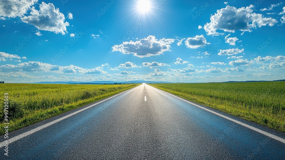 Wide open road leading into the horizon with clear blue sky and white clouds Wide open road leading into the horizon with clear blue sky and white clouds