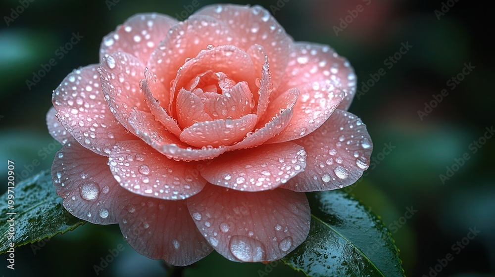 Closeup springtime of a pink camellia flower in full bloom with delicate raindrops on its petals. vibrant colors, and green foliage Closeup springtime of a pink camellia flower in full bloom with delicate raindrops on its petals. vibrant colors, and green foliage