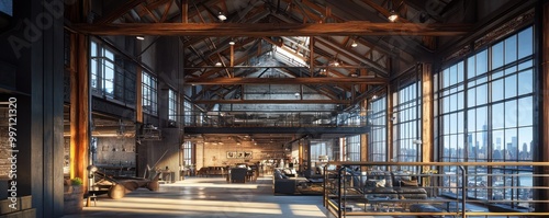 An expansive industrial loft with high ceilings, large wooden beams, steel railings, and panoramic windows overlooking the city