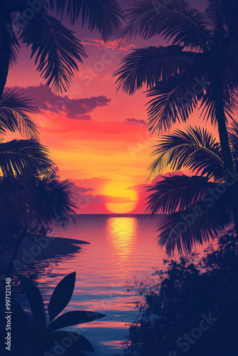 A stunning tropical sunset with a soft gradient sky in shades of orange, pink, and purple, framed by the silhouettes of lush palm trees and calm ocean waves.