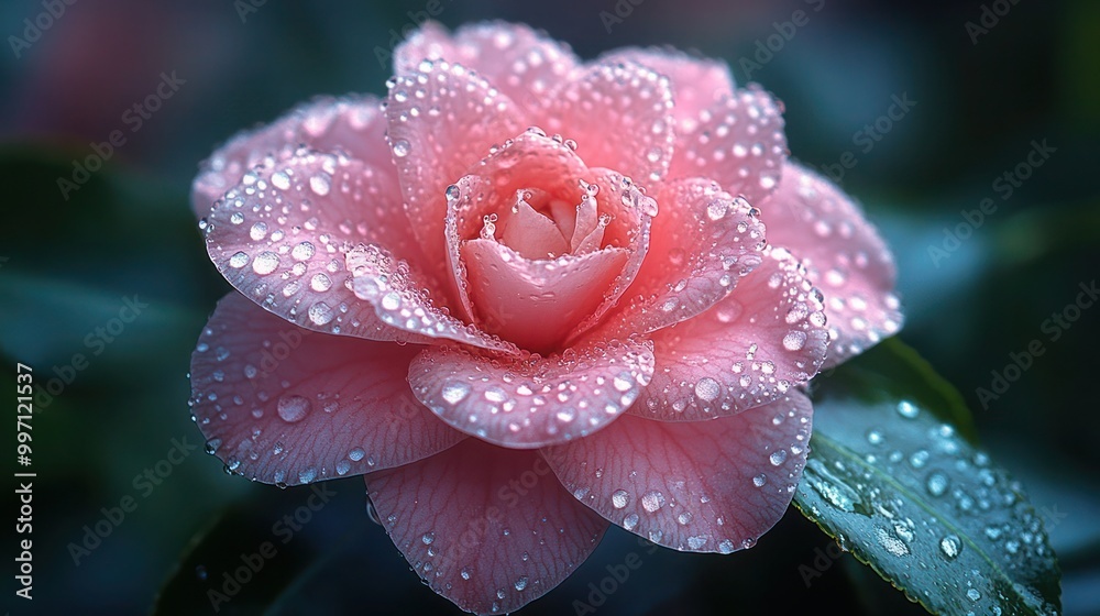 Closeup springtime of a pink camellia flower in full bloom with delicate raindrops on its petals. vibrant colors, and green foliage Closeup springtime of a pink camellia flower in full bloom with delicate raindrops on its petals. vibrant colors, and green foliage