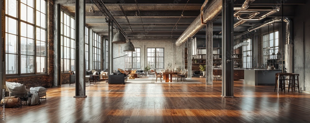 Picture of An expansive industrial loft with varnished wooden flooring, large iron ...