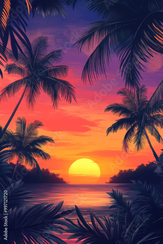 A stunning tropical sunset with a soft gradient sky in shades of orange, pink, and purple, framed by the silhouettes of lush palm trees and calm ocean waves.