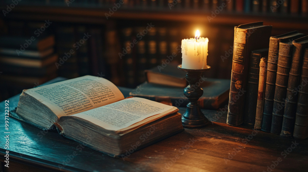 A podium with classic literature, old manuscripts, and a lit candle, set in a dark, mysterious study to celebrate Book Lovers Day. A podium with classic literature, old manuscripts, and a lit candle, set in a dark, mysterious study to celebrate Book Lovers Day.