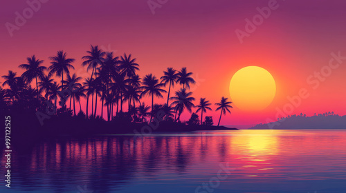 A dreamy gradient sunset over a tropical island, transitioning from pink to orange to deep purple. Silhouettes of coconut trees line the horizon.
