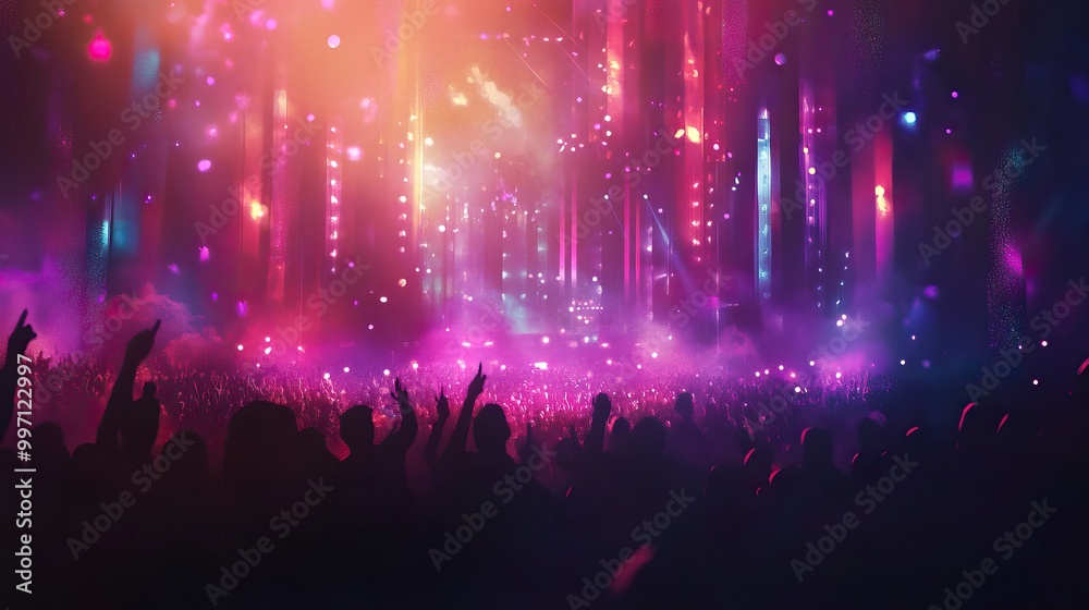 Crowd celebrating at a concert with confetti and lights. AI generated image