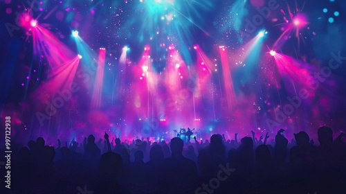 Crowd celebrating at a concert with confetti and lights. AI generated image