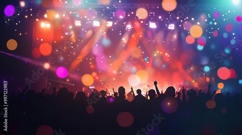 Crowd celebrating at a concert with confetti and lights. AI generated image