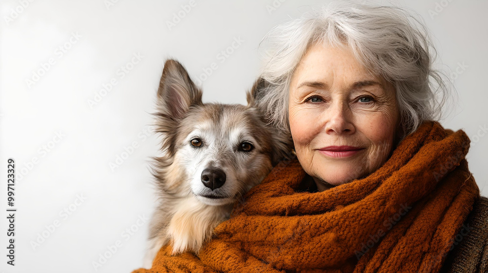 Elderly woman with dog wrapped in cozy scarf
