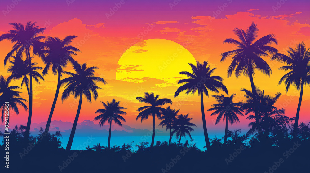Naklejka premium A colorful gradient sunset sky over a tropical island, transitioning from bright yellow to warm orange and soft purple, with palm tree silhouettes.