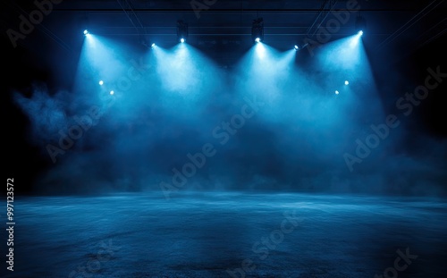 Blue spotlights illuminating an empty stage with smoke. AI generated image