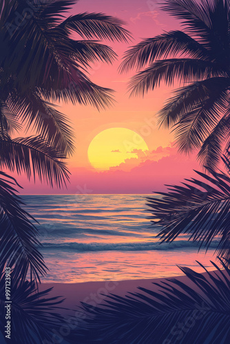 A stunning tropical sunset with a soft gradient sky in shades of orange, pink, and purple, framed by the silhouettes of lush palm trees and calm ocean waves.