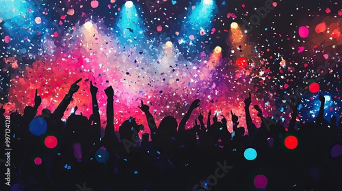 Crowd celebrating at a concert with confetti and lights. AI generated image