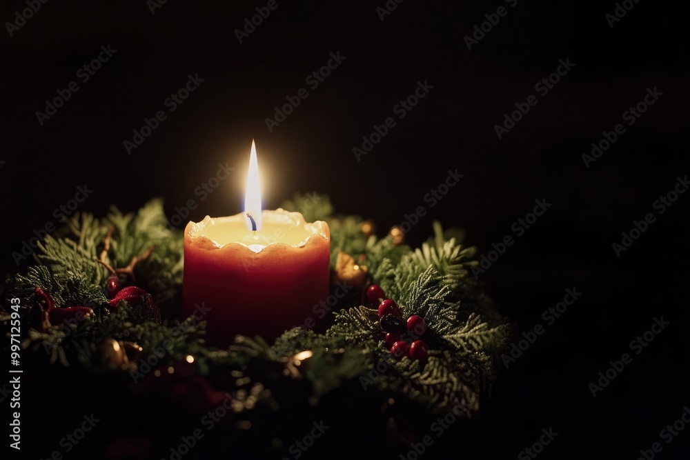 Low angle view of beautiful advent wreath with one burning candle on black background - generative ai Low angle view of beautiful advent wreath with one burning candle on black background - generative ai