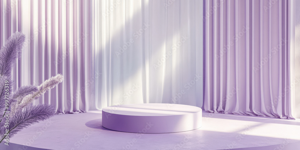 A podium in soft lavender with matching curtains, gently illuminated by natural light, perfect for a soft, pastel-inspired product showcase. A podium in soft lavender with matching curtains, gently illuminated by natural light, perfect for a soft, pastel-inspired product showcase.