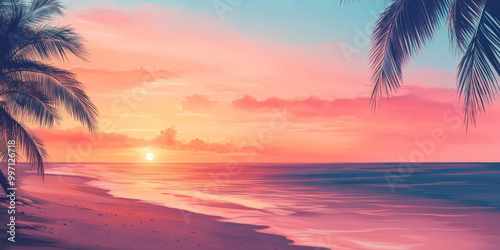 A gradient tropical sunset sky blending warm orange and pink tones with soft blues, creating a serene backdrop for a palm-lined beach.