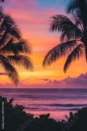 A stunning tropical sunset with a soft gradient sky in shades of orange, pink, and purple, framed by the silhouettes of lush palm trees and calm ocean waves.