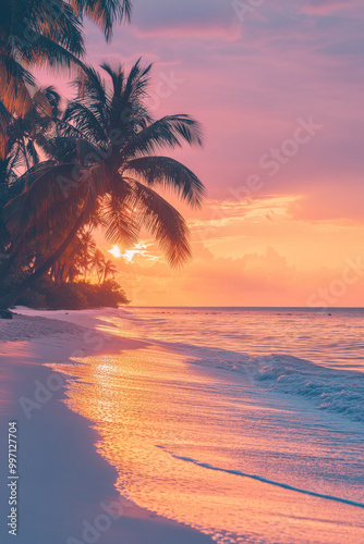 A tropical sunset with a gradient sky from warm orange to cool violet, illuminating a tranquil beach scene with palm trees and a distant horizon.