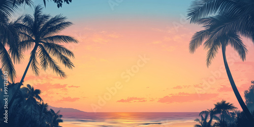 A gradient tropical sunset sky blending warm orange and pink tones with soft blues, creating a serene backdrop for a palm-lined beach.