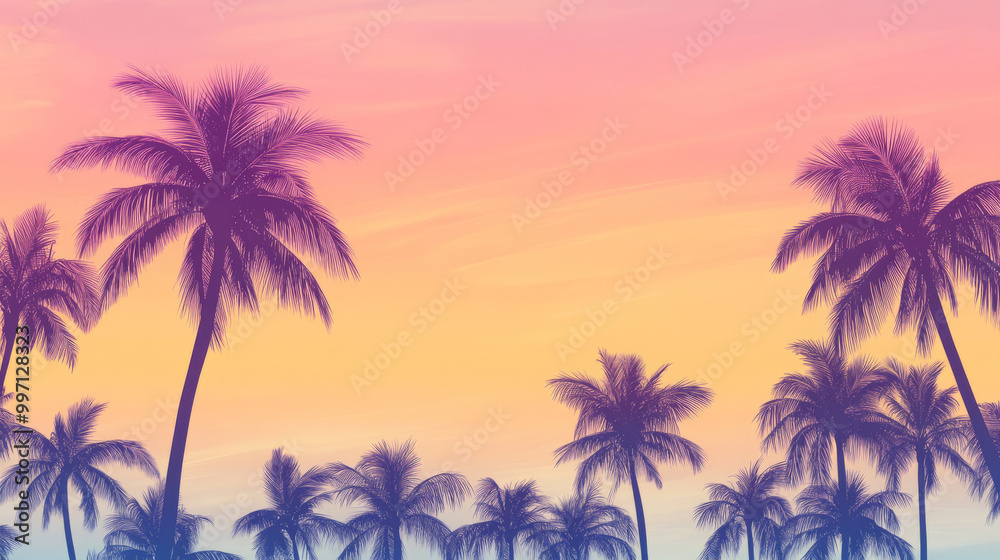 A calm tropical sunset with a smooth gradient of pastel colors, transitioning from peach to lavender. Silhouettes of palm trees sway gently in the evening breeze.