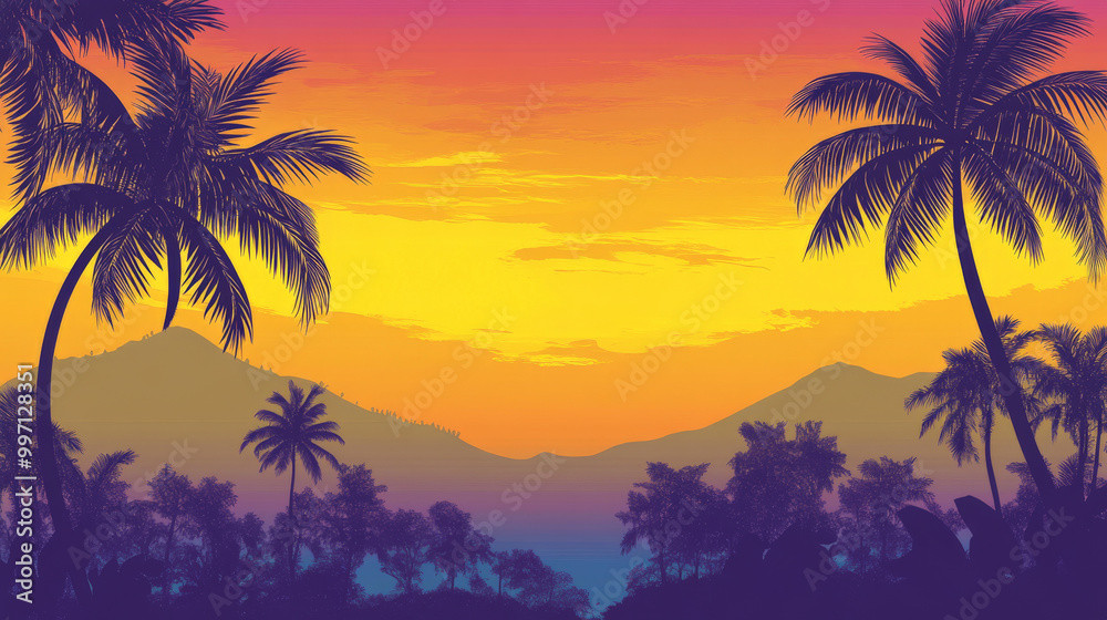 A colorful gradient sunset sky over a tropical island, transitioning from bright yellow to warm orange and soft purple, with palm tree silhouettes. A colorful gradient sunset sky over a tropical island, transitioning from bright yellow to warm orange and soft purple, with palm tree silhouettes.