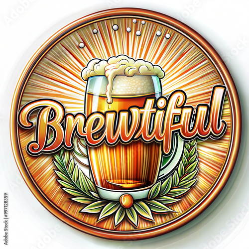 Coaster design, sticker design, Beer Glass with Hops and Sun Rays, 