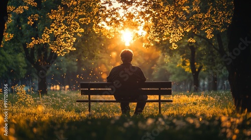 A man sits on a bench in a park, bathed in the golden light of the setting sun.