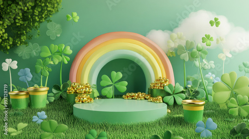A podium surrounded by green clover decorations, pots of gold, and rainbow-themed elements, creating a festive Saint Patrickâ€™s Day atmosphere.