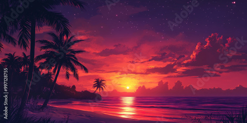 A vibrant tropical sunset with a gradient sky blending shades of red, orange, and violet, illuminating a tranquil beach scene with palm trees.