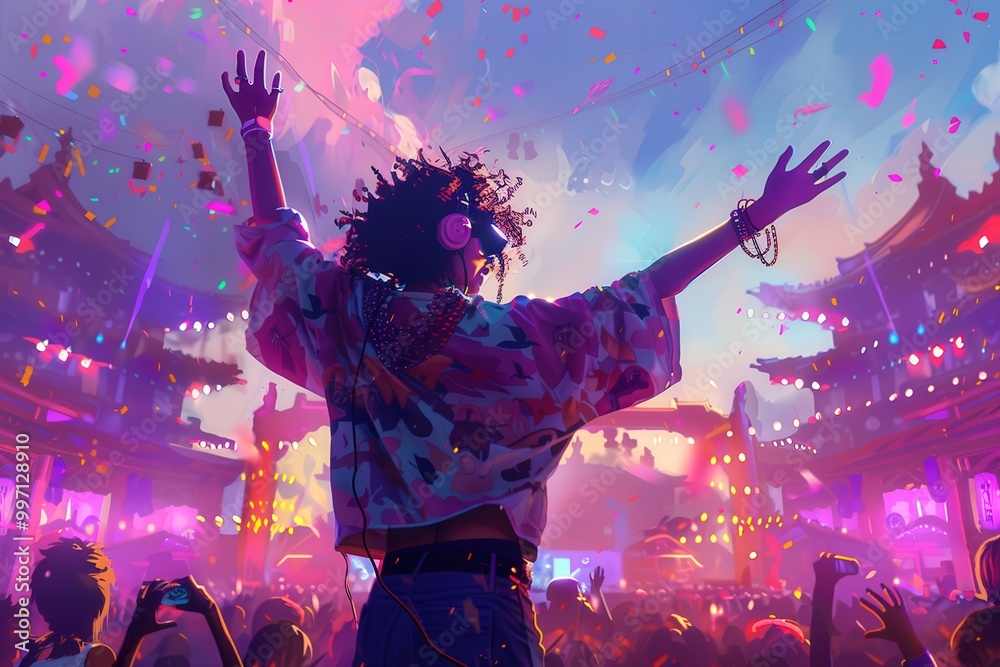 A large crowd of people are gathered in a forest, with lights, generative ai image A large crowd of people are gathered in a forest, with lights, generative ai image