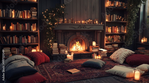 A podium surrounded by soft pillows, cozy blankets, and stacks of books, with a fireplace and warm lighting for a relaxing Book Lovers Day display.