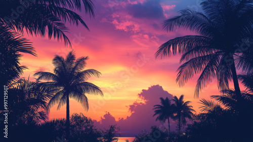 A beautiful tropical sunset with a gradient sky, transitioning from warm orange to deep pink and purple hues. Palm trees silhouette the foreground, creating a serene tropical vibe.