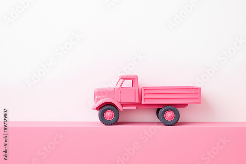 minimalist photography of a light pink toy truck on a clean white background, showcasing simplicity and elegance. Generative AI