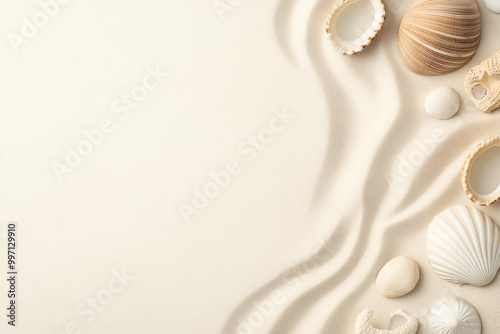 clean summer-themed mockup on a sandy background with seashells, perfect for showcasing custom branding in a beachy, relaxed setting. Generative AI