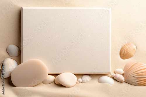 clean summer-themed mockup on a sandy background with seashells, perfect for showcasing custom branding in a beachy, relaxed setting. Generative AI