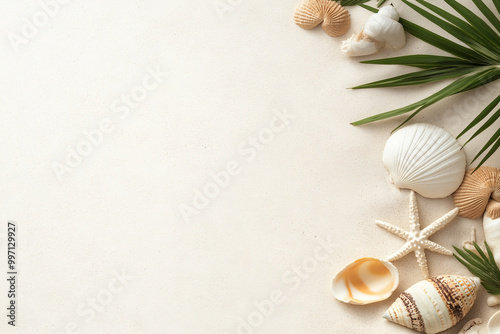 clean summer-themed mockup on a sandy background with seashells, perfect for showcasing custom branding in a beachy, relaxed setting. Generative AI