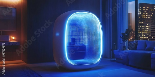 Futuristic health pod providing biohacking techniques like cryotherapy photobiomodulation sleep optimization soft glowing light photo