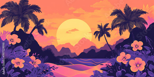 A hand-drawn tropical sunset with bold outlines of flowers, palm trees, and swirling waves in soft pastel colors of pink, purple, and orange, evoking a dreamy, exotic vibe.