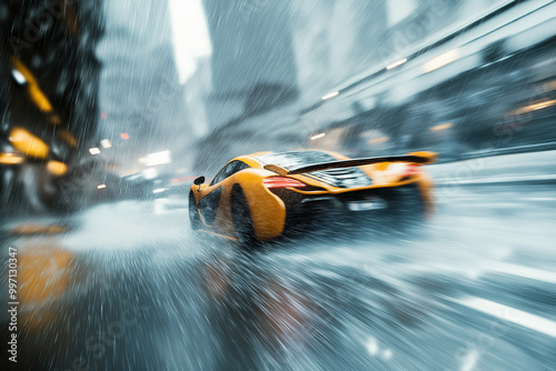 high-speed racing through rain-soaked city streets, captured with slow shutter for a dynamic motion blur effect. Generative AI