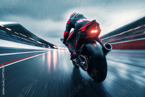extreme motorcycle racing in heavy rain, captured with dynamic motion blur and slow shutter speed. Generative AI