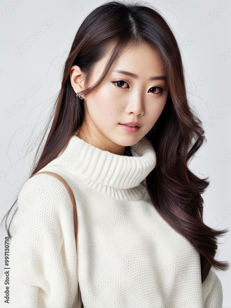 A portrait of a young woman with long hair, wearing a cozy white sweater and a thoughtful expression. A portrait of a young woman with long hair, wearing a cozy white sweater and a thoughtful expression.
