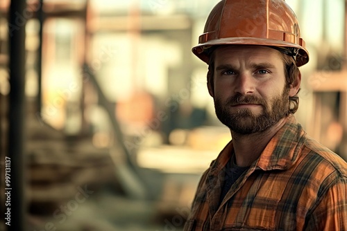 Construction worker wearing hard hat posing on job site