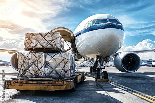 Airport workers loading cargo on airplane getting ready for takeoff