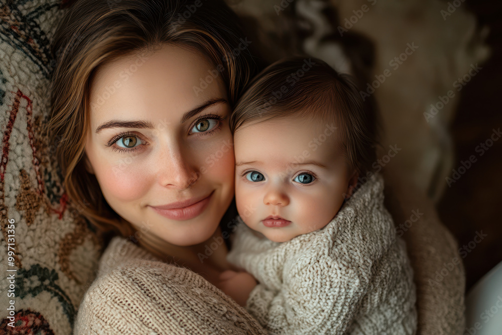 Newborn baby and mother smiling at the camera. Happy young woman holding a newborn.