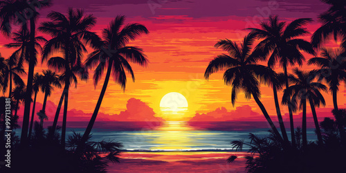 A vibrant tropical sunset with a gradient sky blending shades of red, orange, and violet, illuminating a tranquil beach scene with palm trees.