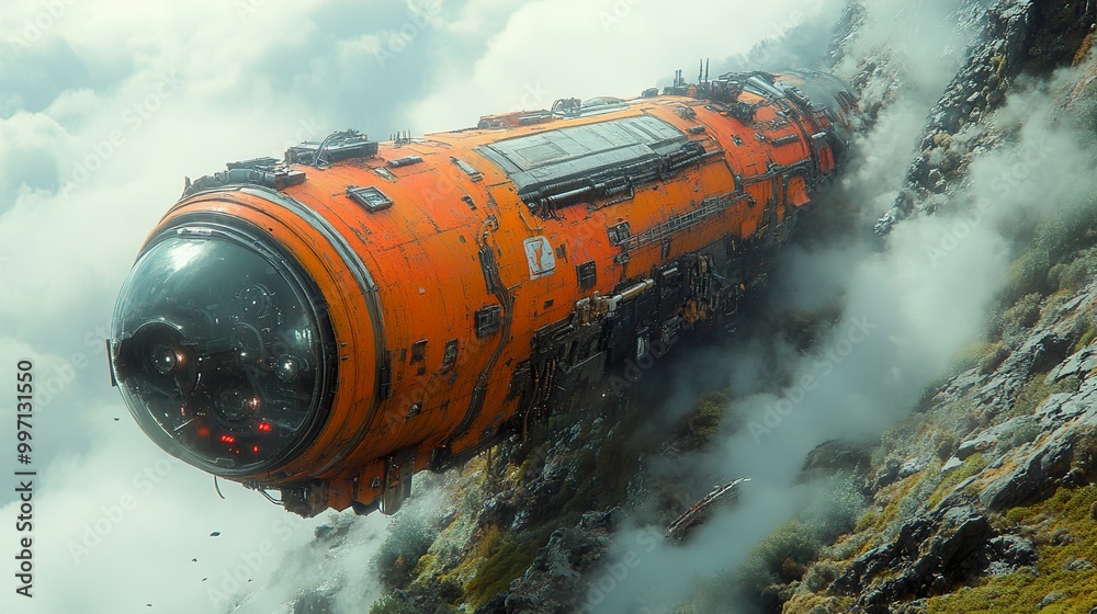 Futuristic Spaceship Flying Over Mountainous Landscape Futuristic Spaceship Flying Over Mountainous Landscape