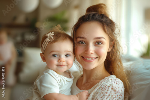 Newborn baby and mother smiling at the camera. Happy young woman holding a newborn.