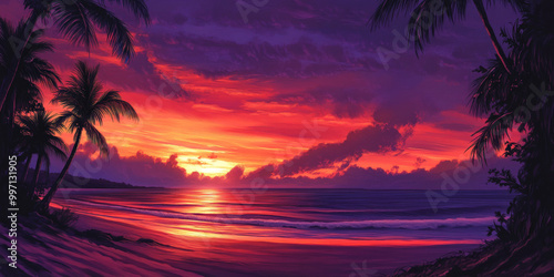 A vibrant tropical sunset with a gradient sky blending shades of red, orange, and violet, illuminating a tranquil beach scene with palm trees.